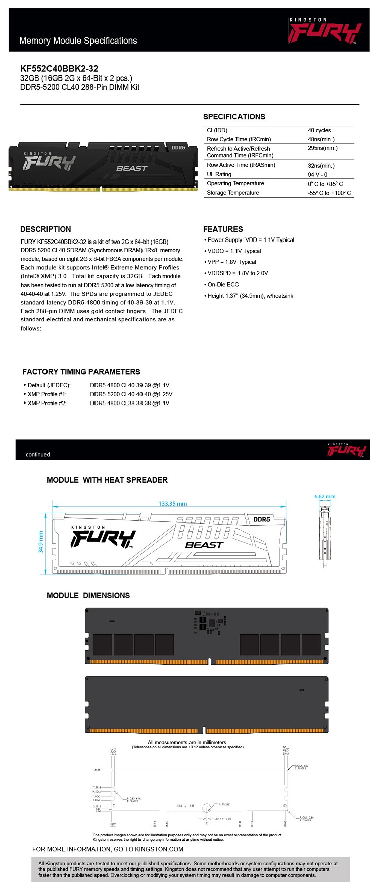 Kingston 金士頓Fury Beast DDR5 5200 32G(16Gx2) 桌機用超頻記憶體